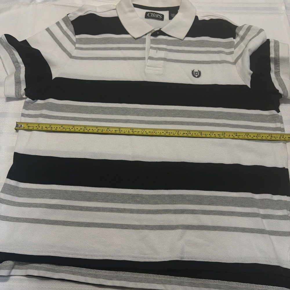 Chaps Mens XL Polo Shirt Short Sleeve Striped Pique White Black Grey Crest Logo